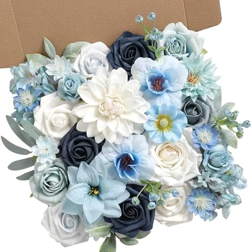 Artificial Flowers Blue Box Set for DIY Bridal Bouquets Wedding Shower Decorations Fake Floral Arrangements for Party Table Centerpieces Home Decor Indoor Outdoor by KoroniFlowers