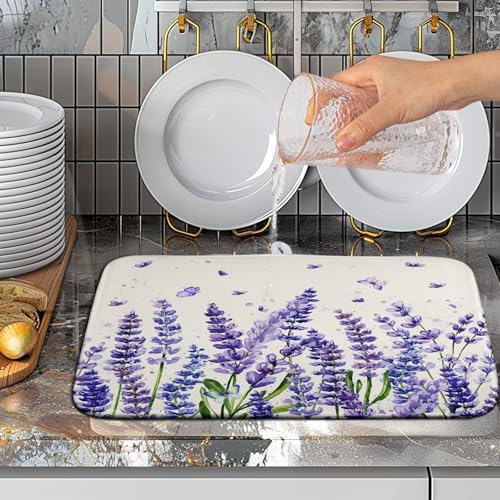 Purple Lavender Dish Drying Mat for Kitchen Counter Spring Summer Flower Floral Dishes Drainer Mats Absorbent Microfiber Dish Drying Pad Washable Dish Draining Mat Medium 16x18 Inch - Image 5