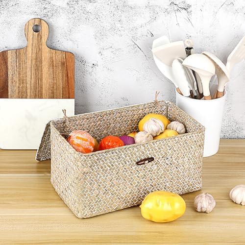 Sumnacon Wicker Basket with Lid,Tampon Holder for Bathroom,Whitewash,Medium - Image 4