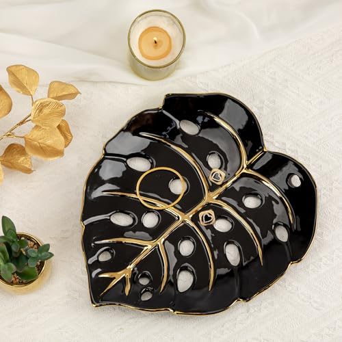 Ceramic Leaf Shaped Decorative Tray, Black Gold Monstera Leaf Plate 12.6"x11" for Jewelry, Keys, Snack, Candle Holder, Modern Table Centerpiece Home Decor by DILATATA