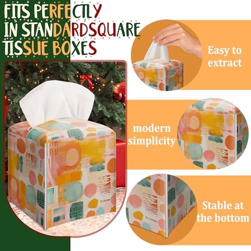 Modern Square Leather Tissue Box Cover/Case Holder Gifts for Women Family and Friends, Decorative Holder/Organizer for Bathroom Kitchen Nightstand Office Home (Pink Yellow Abstract) - B17 - Image 5