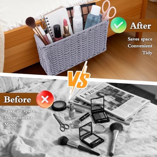 Cotton Rope Woven Bedside Caddy for Dorm Bed, Foldable Bedside Shelf Bunk Bed Accessories, College Dorm Room Essentials Hanging Organizers Storage Basket, Room Decor Magazine File Holder (Gray) - Image 5