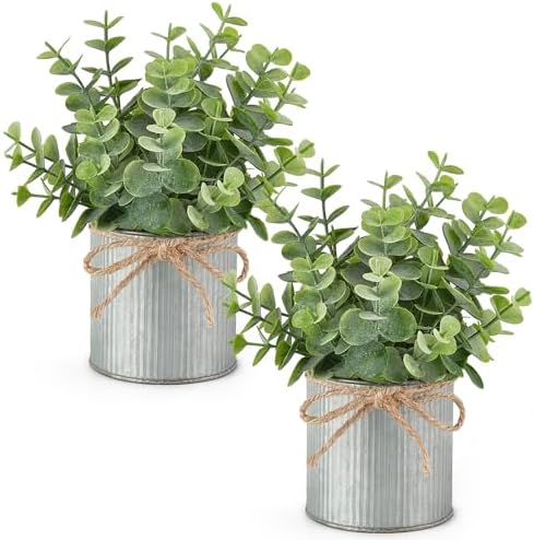 Mkono 2 Pack Small Fake Plants in Galvanized Pots, Farmhouse Bathroom Decor by Mkono
