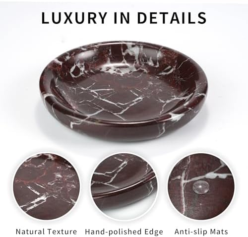 Red Marble Purse Bowl - Stone Trinket Jewelry Ring Key Holder Dish, Small Cute Round Plate Decorative Tray for Nightstand Entryway Coffee Table Decor (5.5 inch) - Image 3
