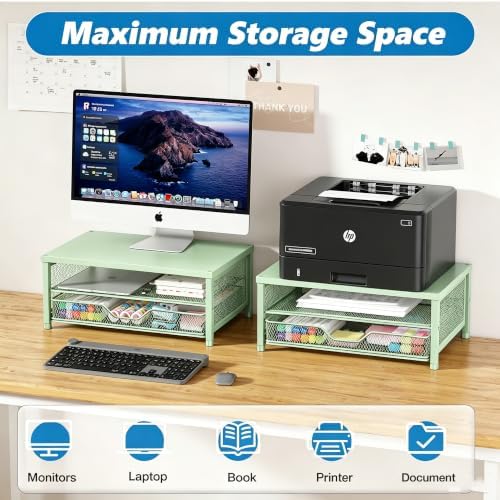 OPNICE Computer Monitor Stand Riser, Desk Organizer with Drawer, Printer & Laptop Stand, Office Desk Accessories & Workspace Desktop Organizers Storage for Office Supplies(Green) - Image 3