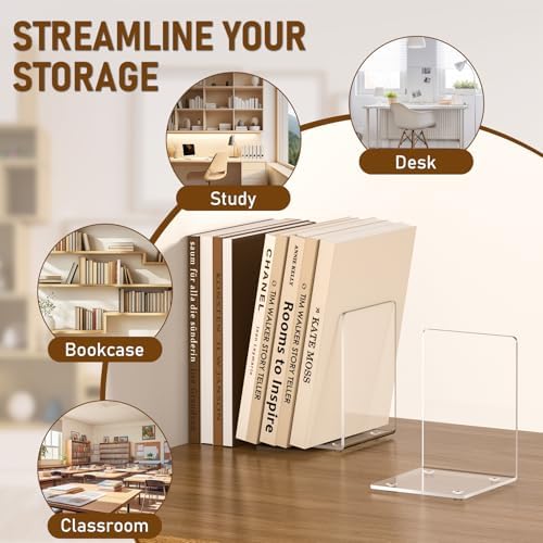 VFINE Acrylic Bookends 6 Pieces, Clear Book Ends for Shelves, Book Holders for Shelves, Transparent Book Dividers for Shelves, Stylish Book Stopper Organizer for Home Office Desktop Supplies - Image 6