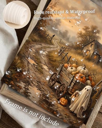 Vodefoad Vintage Halloween Ghost and Pumpkins Wall Prints, Rustic Autumn Landscape Canvas Paintings, Halloween Pumpkins Cart with Cute Ghost Picture, Halloween Gothic Dark Academia Spooky Fall Decor for Kitchen, Gallery, Bathroom Wall decor - 8x10Inch ... - Image 5