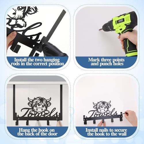 Kathfly Highland Cow Over Door Towel Rack 5 Hooks Black - Image 3