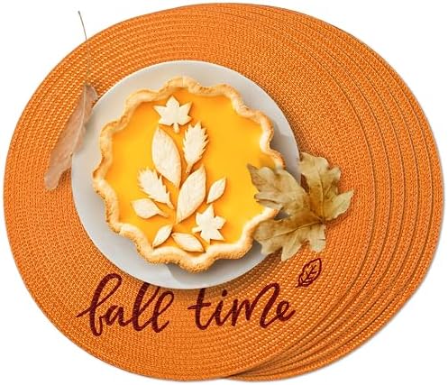 FunWheat Round Placemats Set of 6 Table Mats for Thanksgiving Tables Washable Non-Slip Place mats 15 Inch for Fall(Orange Fall,6pcs) by FunWheat