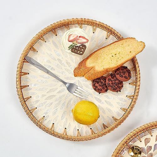 Kmelep Round Rattan Tray with Mother of Pearl Inlay, Rattan Serving Tray with Wooden Base, Decorative Wicker Basket for Table Decor, Storage and Display of Coffee Bread Food Fruit (Leaf 2) - Image 2