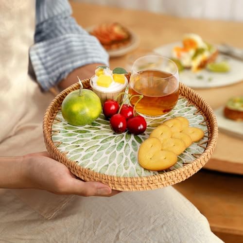 Round Rattan Tray with Mother of Pearl Inlay, Rattan Serving Tray for Coffee, Bread, Fruits, Decorative Wicker Tray for Table Decor, Home Decor, Kitchen Island Decor (Green Leaf, 11.8") - Image 5