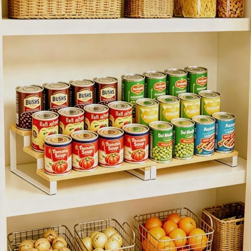 3-Tier Expandable Bamboo & Iron Can Organizer, Holds 30 Cans, White by NuoyuanShen