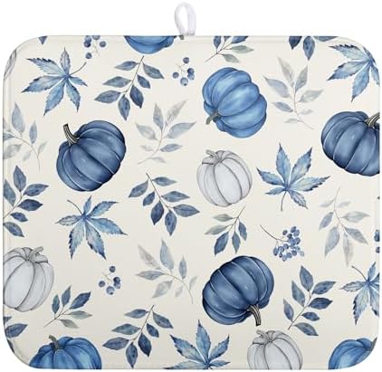 Fall Dish Drying Mat Blue Pumpkin Maple Leaves Drying Mats for Kitchen Counter 16x18 Inch Autumn Thanksgiving Absorbent Microfiber Dish Draining Mat Dishes Pad with Hanging Loop by Wnoesat