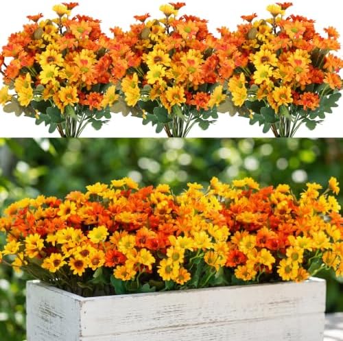 CEWOR 12 Bundles Fall Artificial Flowers for Outdoor Indoor, Fake Silk Daisy with Leaves, Autumn Faux Flower for Garden Patio Home Decor (4 Multicolor) by CEWOR