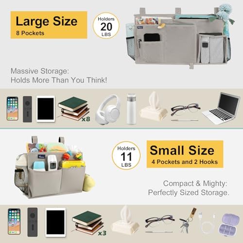 Surblue Bedside Caddy Bunk Bed Storage Organizer Hanging Pockets for College Dorm Rooms, Hospital Beds, Baby Bed Rails, Camping, RV, Small and Large Set, Grey - Image 3