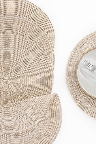 Floroom 15 Inch Round Braided Placemats Set of 6, Washable Heat Resistant Cotton Polyester Circle Place Mats for Kitchen Dining Table - Canvas Beige - Image 2