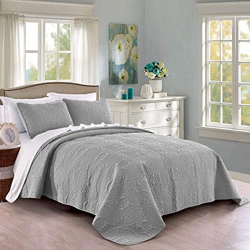 Quilt Set King/Cal King/California King Size Light Grey - Oversized Bedspread - Soft Microfiber Lightweight Coverlet for All Season - 3 Piece Includes 1 Quilt and 2 Shams, Geometric Pattern by PureBedding