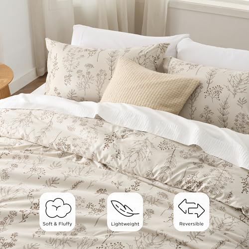 Bedsure Floral Comforter Set Cute Bedding Set King Reversible Beige - Image 3