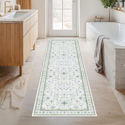 Hazo Haus Boho Bathroom Runner 2x7 - Cream Green Oushak Floral Turkish, Washable Low Pile Non Slip Stain Resistant Small Accent Rug for Kitchen, Hallway - Image 3