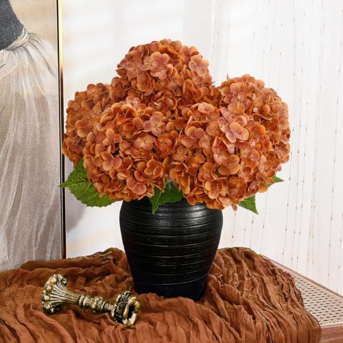 3Pcs 21in Latex Real Touch Hydrangea Artificial Flowers (Fall Orange) - Image 2