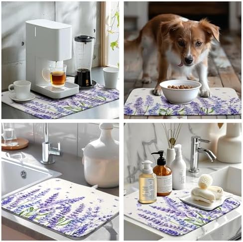 Purple Lavender Dish Drying Mat for Kitchen Counter Spring Summer Flower Floral Dishes Drainer Mats Absorbent Microfiber Dish Drying Pad Washable Dish Draining Mat Medium 16x18 Inch - Image 7