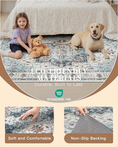 Madane Blue Runner Rug, 2x5, Low-Pile, Non-Slip, Washable, Stain Resistant, Retro, Machine-Made, Microfiber, Floral, Kitchen, Living Room, Bedroom, Laundry Room - Image 5