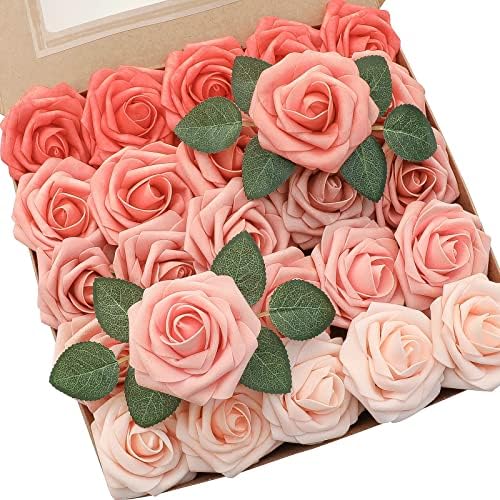 Floroom Artificial Flowers 25pcs Real Looking Coral Ombre Colors Foam Fake Roses with Stems for DIY Wedding Bouquets Bridal Shower Centerpieces Floral Arrangements Party Tables Home Decorations by Floroom