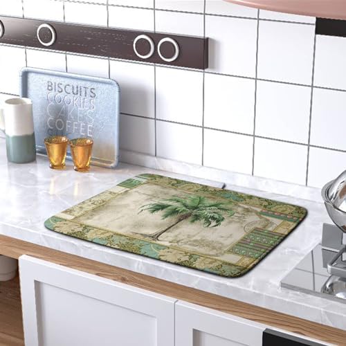 Palm Tree Kitchen Dish Drying Mat for Dishes 18x24 Inch Summer Vintage Tropical Leaves Green Jungle Plant Drying Mat Botanical Dish Drainer Mat Super Absorbent Dish Rack Pad for Coffee Bar Sinks - Image 5