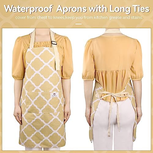 2 Pieces Aprons for Women with Pockets, Cotton Linen Waterproof Kitchen Cooking Aprons, Chef Apronfor Men Women with Adjustable Neck Strap and Long Ties(Blue/Yellow) - Image 6