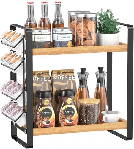 LEMIKKLE Coffee Station Organizer for Counter,Condiment Storage Caddy for Kitchen,2 Tier Wooden Shelf for Coffee Bar Accessories,Coffee Bar Organizer for Kitchen, Home, Office-Brown by LemikkleDirect
