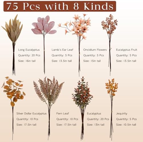 75 Pcs 8 Kinds Artificial Greenery Stems Box Set for Fall Decor(Orange) - Image 6
