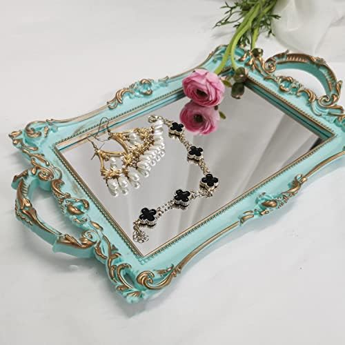 Small Rectangle Decorative Mirror Tray, French Style, Makeup Organizer, Jewelry Organizer, Serving Tray, 13"x 7.8", Golden Blue - Image 2