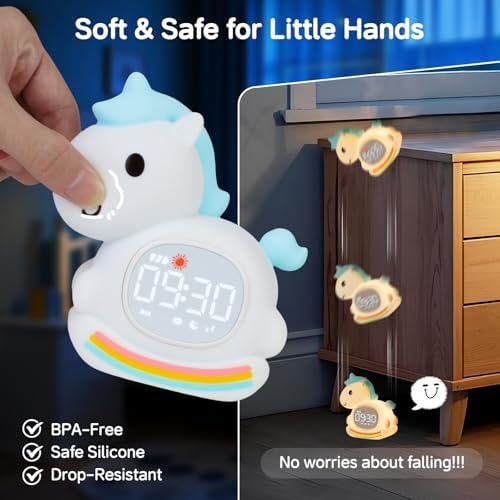 Yiliaw Blue Unicorn Alarm Clock with Night Light for Kids, Ok to Wake Clock - Image 7