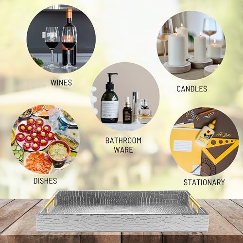 ATZYmolin 17"x12" Leather Serving Tray, Gold Handle Vanity Platter, Silvery - Image 5