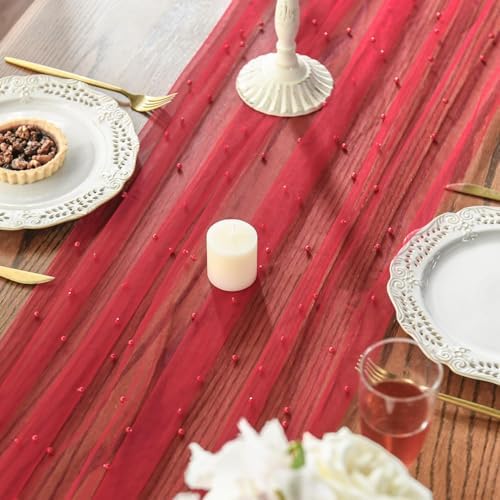 Artoid Mode 3-Pack Pearl Red Gauze Table Runner 10FT Home Decor - Image 4