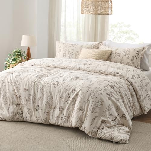 Bedsure Floral Comforter Set Cute Bedding Set Full Reversible Beige - Image 2