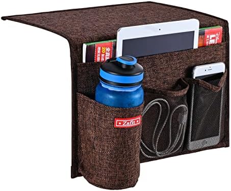 Zafit Linen 4 Pockets Bedside Caddy, Bedside Storage Organizer for Magazine, Remotes, Phone (Coffee) by ZAFIT