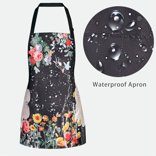 DILLMAN 2 Pack Floral Aprons with Pocket Blooming Womens Waterproof Adjustable Cooking Aprons Kitchen Gardening Salon - Image 5