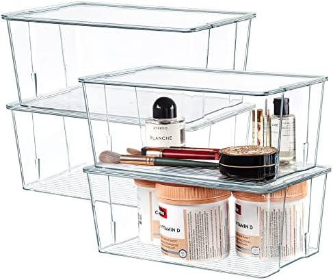 Hudgan Clear Plastic Storage Organizer Bins with Acrylic Lids for Home Office, Kitchen, Cupboard, Pantry Shelves, Medicine Cabinet, Craft Rooms - 4.5-Inches Tall - 4 Pack by HUDGAN