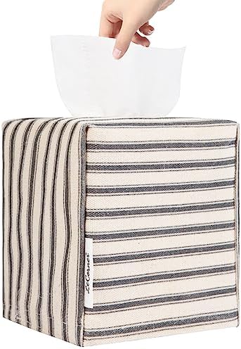 Tissue Box Cover, Fabric Tissue Box Holder Square, Stylish Toilet Paper Storage, Modern Bathroom Counter Organizer Decorations Accessories,Ticking Stripe 5''x5''x5'' (Pastel Grey) by LeCorner