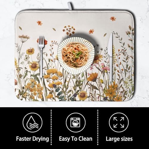 Fall Floral Dish Drying Mat for Kitchen Counter Autumn Burnt Orange Wild Flowers Dish Draining Mat Absorbent Microfiber Dishes Pad Washable Dish Drainer Rack Mat Medium 16"x18" - Image 4