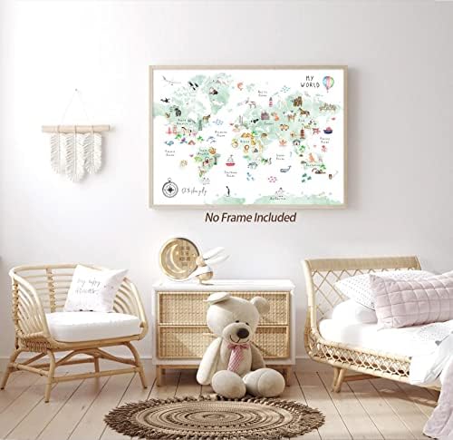 Green Kids World Map Wall Art Animal Map Canvas Wall Art Nursery Wall Decor World Map Poster Childrens Room Decor Playroom Prints Educational Artwork 16x24 Inch Unframed - Image 3