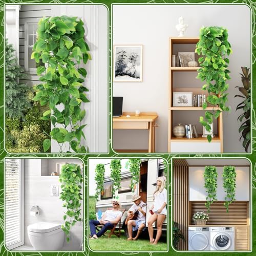 2-Pack Fake Hanging Plants, Faux Hanging Plant Artificial Greenery for Living Room Bedroom Boho Wall Shelf Indoor Outdoor Decor (Green Pothos Ivy Vines) - Image 6