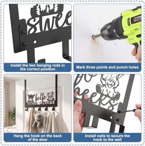 Kathfly Cute Highland Cow Over Door Towel Rack 5 Hooks Black - Image 3