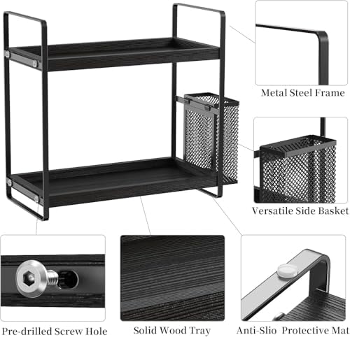 LEMIKKLE Bathroom Organizer Countertop, Counter Organizer for Bathroom Decor, Wooden Sink Shelf for Vanity Storage, Makeup Tray for Perfume Skincare Bedroom Kitchen Corner (Black) - Image 7