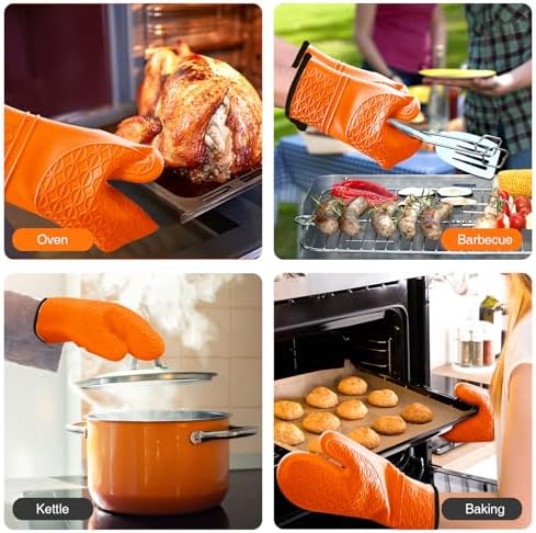 Silicone Oven Mitts, Heat Resistant 2PCS Oven Mitts with Soft Cotton Lining, Waterproof Non-Slip Grip Oven Glove, Kitchen Potholder Mits for BBQ, Baking, Cooking, 12.5 Inch - Orange - Image 6
