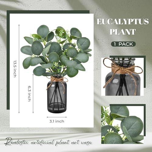 Der Rose 13.5" Sage Green Faux Eucalyptus in Black Vase for Bathroom Decor - Image 3