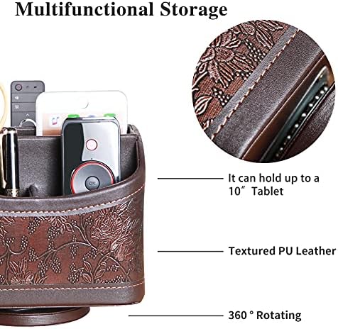 YAPISHI Antique Leather Remote Control Holder, 360 Degree Spinning Desk TV Remote Caddy/Box, Bedside Table Organizer for Controller, Media, Calculator, Mobile Phone and Pen Storage - Image 2