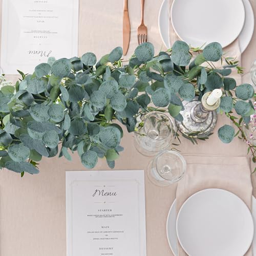 Sggvecsy 2 Pack Artificial Eucalyptus Garland Greenery Leaves Handmade 3D Silk Vines Silver Dollar Leaves Faux Leaf Plants for Wedding Wall Table Party Home Fireplace Bedroom Decor - Image 3