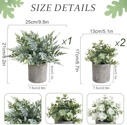 3 Pack Mini Potted Fake Plants Artificial Plastic Indoor Eucalyptus Plants for Home, Office, Desk, Bathroom, Coffee Table & Shelf (Green) - Image 3